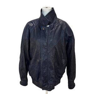 Vintage Navy Blue Leather Bomber Jacket, Shoulder Pads, Retro Outerwear